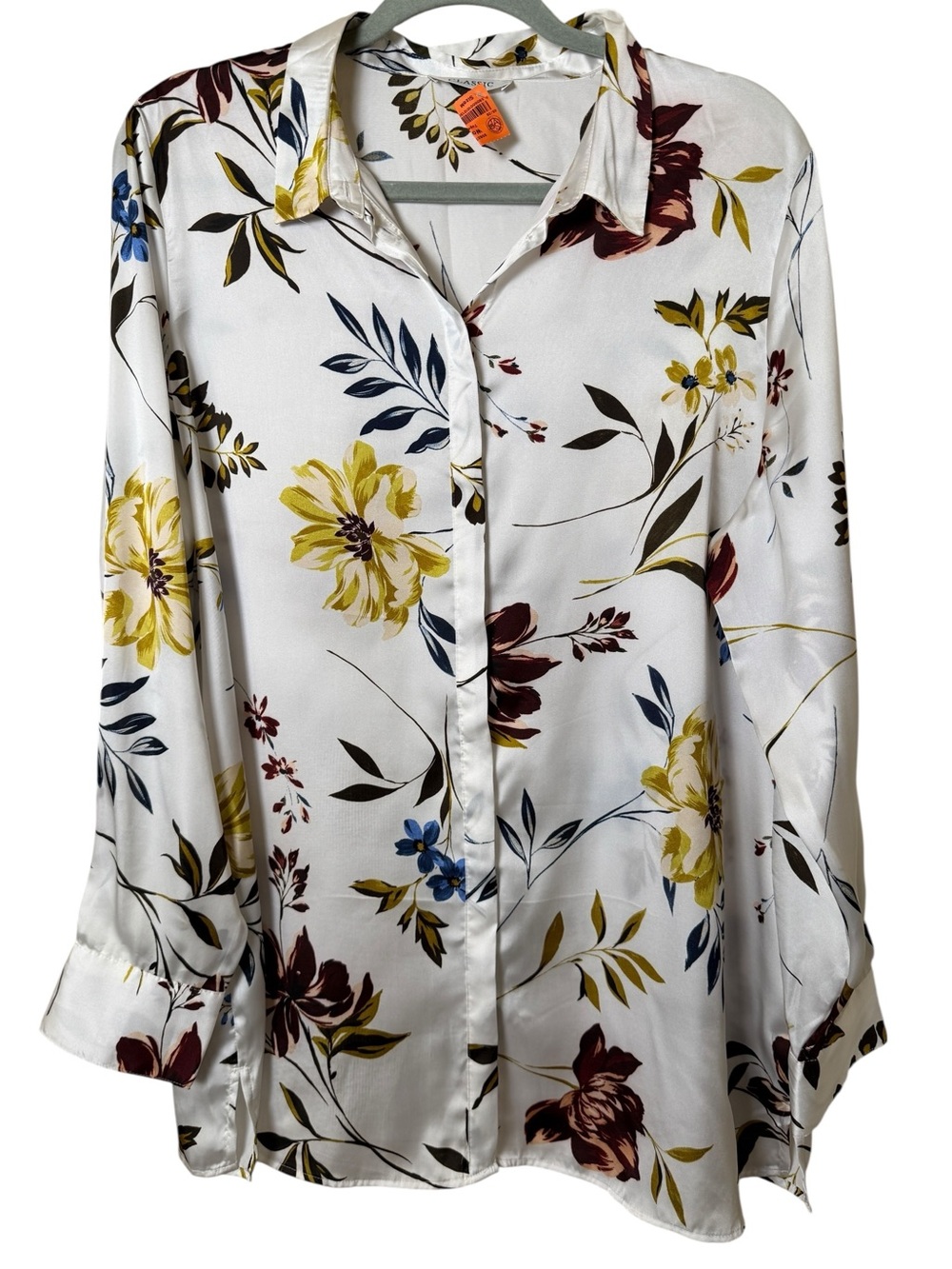 CLASSIC size 14 White Floral Button-Down Shirt with Yellow & Navy Accents